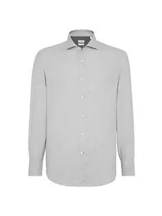 Рубашка базового кроя из хлопково-кашемирового твила с раздвинутым воротником Brunello Cucinelli, серый
