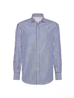 Рубашка базового кроя из поплина в полоску с раздвинутым воротником Brunello Cucinelli, синий