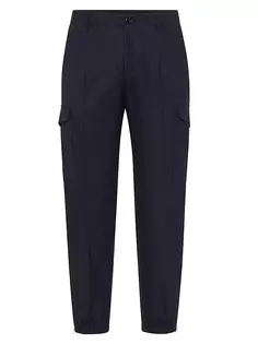 Фланелевые брюки эргономичного кроя из натуральной шерсти со складками, грузовыми карманами и манжетами на молнии Brunello Cucinelli, синий