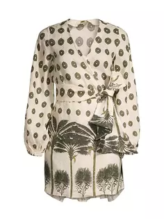 Льняное мини-платье Tertulia с принтом пальм и запахом Juan De Dios, цвет cream green palms