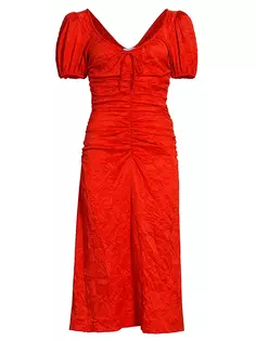 Атласное платье-миди со складками и сборками Ganni, цвет grenadine