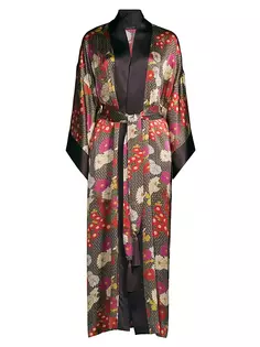 Длинный шелковый атласный халат Agathe с поясом и цветочным принтом Josie Natori, шоколад