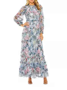 Многоярусное шифоновое платье макси с цветочным принтом Mac Duggal, мультиколор