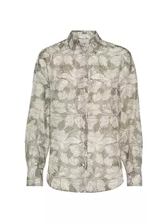 Рубашка из шелкового эпонжа с принтом гинкго и монили Brunello Cucinelli, цвет sage