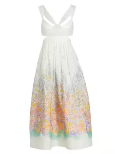 Платье макси из шелковой смеси с цветочным принтом без косточек Zimmermann, мультиколор