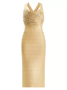 Вязаное платье миди с бахромой Disco Hervé Léger, цвет met gold