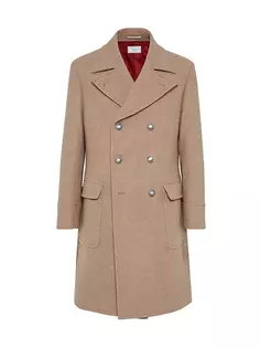 Полубортное пальто из натуральной шерсти и кашемира из двойной ткани с металлическими пуговицами Brunello Cucinelli, коричневый