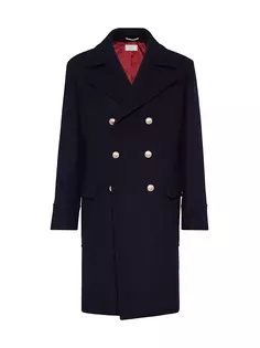 Полубортное пальто из натуральной шерсти и кашемира из двойной ткани с металлическими пуговицами Brunello Cucinelli, синий