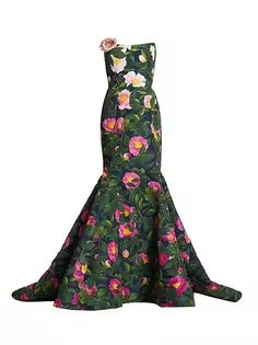 Вечернее платье фай с принтом Camellia Oscar De La Renta, синий