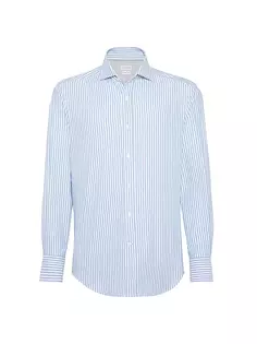 Полосатая рубашка узкого кроя с раздвинутым воротником Brunello Cucinelli, цвет sky blue