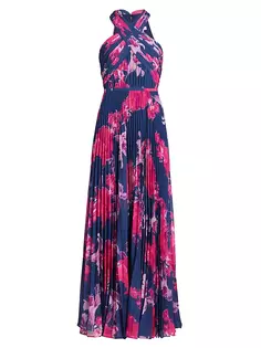 Шифоновое плиссированное платье с цветочным принтом Ml Monique Lhuillier, цвет navy tuscan roses