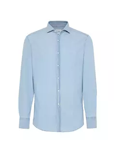 Рубашка узкого кроя из шамбре с джинсовым эффектом и раздвинутым воротником Brunello Cucinelli, цвет medium denim