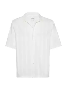 Легкая панамская рубашка в фактурную полоску с короткими рукавами и походным воротником Brunello Cucinelli, цвет off white