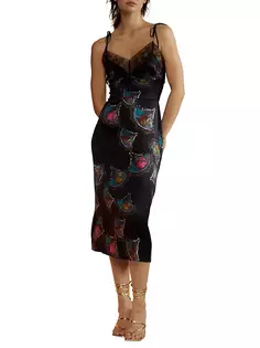 Атласное шелковое кружевное платье-комбинация Cynthia Rowley, черный