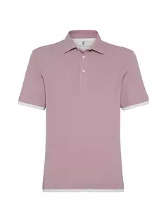 Рубашка-поло с воротником и искусственным многослойным воротником из хлопка пике Brunello Cucinelli, розовый