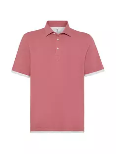 Рубашка-поло с воротником и искусственным многослойным воротником из хлопка пике Brunello Cucinelli, цвет ruby