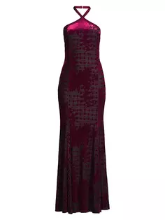Бархатное платье макси с воротником-халтер и бретелькой Burnout для общественных мероприятий Donna Karan New York, алый