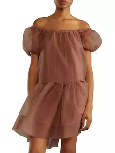 Мини-платье из органзы с открытыми плечами Cynthia Rowley, цвет camel