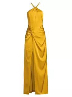 Атласное платье макси со сборками и вырезом халтер Liv Foster, цвет mustard