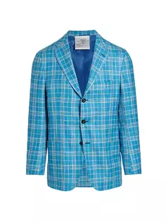 Спортивное пальто с тремя пуговицами в клетку из шелковой смеси Kiton, цвет sky blue