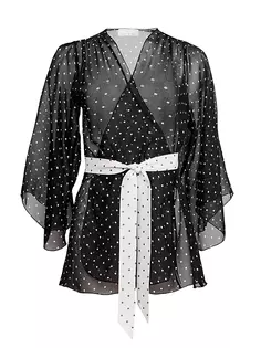 Шелковый халат в горошек с поясом Fleur Du Mal, цвет black dot