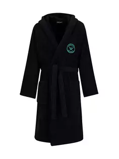 Хлопковый халат с вышивкой и капюшоном Emporio Armani, черный