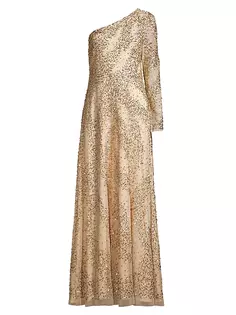 Платье на одно плечо, расшитое бисером Aidan Mattox, цвет light gold