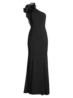Платье на одно плечо из органзы с оборками Aidan Mattox, черный