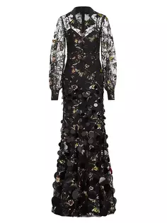 Платье с объемными рукавами и кружевом и пайетками Badgley Mischka, черный