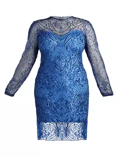 Платье-футляр с длинными рукавами и расшитым бисером кружевом Tadashi Shoji, синий