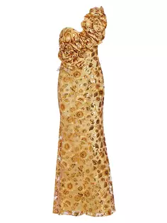 Платье на одно плечо, украшенное розеткой Badgley Mischka, желтый