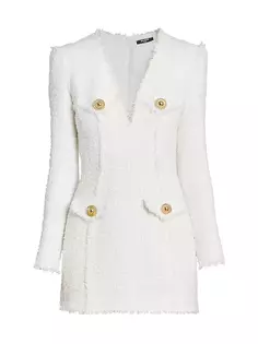 Твидовое мини-платье-футляр с V-образным вырезом Balmain, белый