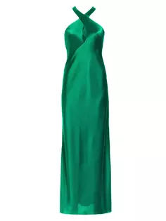 Атласное платье с лямкой на шее Evelyn перекрещенными крестами Galvan, цвет emerald