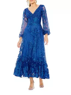 Платье с объемными рукавами и цветочной вышивкой Mac Duggal, цвет royal