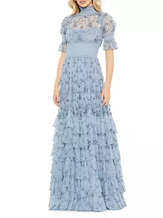 Многоярусное платье с цветочной вышивкой Mac Duggal, синий
