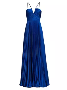 Атласное плиссированное платье цвета индиго Ml Monique Lhuillier, синий
