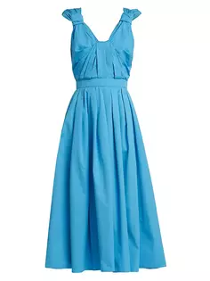 Платье миди из хлопкового поплина с v-образным вырезом Alexander Mcqueen, синий