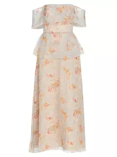 Платье миди с открытыми плечами и цветочным принтом Lela Rose, мультиколор