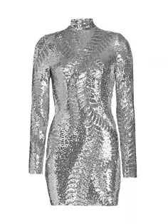 Мини-платье Sabrina с длинными рукавами и пайетками Michael Costello Collection, цвет silver sequin