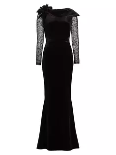 Платье Fudo из бархата и кружева с прозрачными рукавами и цветочной аппликацией Chiara Boni La Petite Robe, черный