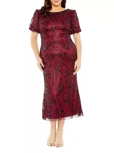 Украшенное тюлевое платье-миди с объемными рукавами Mac Duggal, цвет burgundy