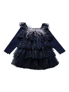 Многоярусное платье-пачка в горошек для маленьких девочек, девочек и девочек Petite Hailey, темно-синий