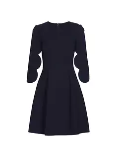 Шерстяное мини-платье с фестонами и рукавами-накидкой Oscar De La Renta, темно-синий
