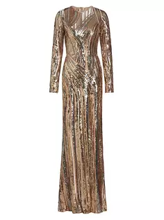 Платье с длинными рукавами и пайетками Elie Saab, золото