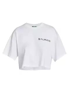 Укороченная хлопковая футболка с ламинированным логотипом Balmain, цвет white silver