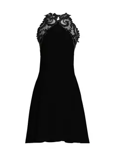 Бархатное коктейльное мини-платье с кружевной отделкой Versace, черный