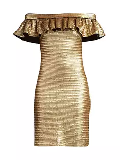 Мини-платье с открытыми плечами и пайетками с рюшами Tadashi Shoji, золотой