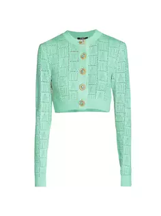 Кардиган вязки пуантель с монограммой Balmain, цвет mint green