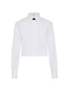 Укороченная рубашка из хлопкового поплина стретч с драгоценной пуговицей Brunello Cucinelli, белый