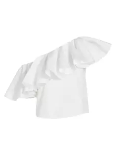 Хлопковая блузка на одно плечо с оборками Giambattista Valli, слоновая кость